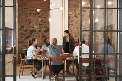 Θηλυκή κύρια εξετάζοντας επιχειρησιακή ομάδα σε μια αίθουσα συνεδριάσεων στοκ φωτογραφία με δικαίωμα ελεύθερης χρήσης Θηλυκή κύρια εξετάζοντας επιχειρησιακή ομάδα σε μια αίθουσα συνεδριάσεων στοκ φωτογραφία με δικαίωμα ελεύθερης χρήσης