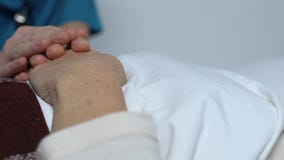 Θηλυκό υπομονετικό χέρι εκμετάλλευσης νοσοκόμων που βρίσκεται στο κρεβάτι, που πάσχει από τη αθεράπευτη ασθένεια απόθεμα βίντεο Θηλυκό υπομονετικό χέρι εκμετάλλευσης νοσοκόμων που βρίσκεται στο κρεβάτι, που πάσχει από τη αθεράπευτη ασθένεια απόθεμα βίντεο