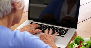 Κλείστε επάνω την ώριμη γυναίκα χρησιμοποιώντας ένα lap-top με μια σαλάτα βάζοντας στον πίνακα Κλείστε επάνω την ώριμη γυναίκα χρησιμοποιώντας ένα lap-top με μια σαλάτα βάζοντας στον πίνακα