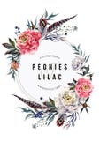 Κάρτα Boho Watercolor με Peonies και τα φτερά ελεύθερη απεικόνιση δικαιώματος Κάρτα Boho Watercolor με Peonies και τα φτερά ελεύθερη απεικόνιση δικαιώματος