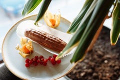 Κέικ ECLAIR σε ένα πιάτο που διακοσμούνται με τα εσπεριδοειδή και τα μούρα και τα φύλλα ενός houseplant στο πρώτο πλάνο στοκ εικόνες Κέικ ECLAIR σε ένα πιάτο που διακοσμούνται με τα εσπεριδοειδή και τα μούρα και τα φύλλα ενός houseplant στο πρώτο πλάνο στοκ εικόνες