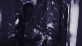 Καλόγρια Zombie διαβολική γυναίκα στο κοστούμι καλογριών που περπατά γύρω από το ναό αποκριές απόθεμα βίντεο Καλόγρια Zombie διαβολική γυναίκα στο κοστούμι καλογριών που περπατά γύρω από το ναό αποκριές απόθεμα βίντεο