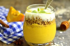 Καταφερτζής κολοκύθας με το granola και το γιαούρτι στοκ εικόνα Καταφερτζής κολοκύθας με το granola και το γιαούρτι στοκ εικόνα