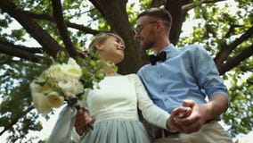 Κατώτατη όψη Τα νέα όμορφα newlyweds φιλούν σε ένα κλίμα του πράσινου δέντρου στο πάρκο απόθεμα βίντεο Κατώτατη όψη Τα νέα όμορφα newlyweds φιλούν σε ένα κλίμα του πράσινου δέντρου στο πάρκο απόθεμα βίντεο