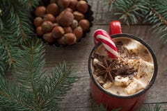Καυτή σοκολάτα με marshmallows ξύλινο fir-tree υποβάθρου Χριστουγεννιάτικο δέντρο με τον κάλαμο καραμελών και κούπα με τον καφέ Στοκ Εικόνες Καυτή σοκολάτα με marshmallows ξύλινο fir-tree υποβάθρου Χριστουγεννιάτικο δέντρο με τον κάλαμο καραμελών και κούπα με τον καφέ Στοκ Εικόνες