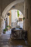 Καφές θερινών πεζουλιών σε ένα στενό σχηματισμένο αψίδα πέρασμα Polignano μια φοράδα, Ιταλία στοκ εικόνα με δικαίωμα ελεύθερης χρήσης Καφές θερινών πεζουλιών σε ένα στενό σχηματισμένο αψίδα πέρασμα Polignano μια φοράδα, Ιταλία στοκ εικόνα με δικαίωμα ελεύθερης χρήσης