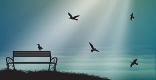 Κενός πάγκος με seagulls και τα σαλάχια ήλιων, σκιές, μνήμες, γλυκά όνειρα θάλασσας, ελεύθερη απεικόνιση δικαιώματος Κενός πάγκος με seagulls και τα σαλάχια ήλιων, σκιές, μνήμες, γλυκά όνειρα θάλασσας, ελεύθερη απεικόνιση δικαιώματος