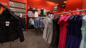 Κινήσεις καμερών γρήγορα κατά μήκος των ραφιών με τα μοντέρνα ενδύματα απόθεμα βίντεο Κινήσεις καμερών γρήγορα κατά μήκος των ραφιών με τα μοντέρνα ενδύματα απόθεμα βίντεο