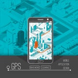Κινητή έννοια ΠΣΤ και καταδίωξης Διαδρομή app θέσης στο smartphone οθονών επαφής, στο isometric χάρτη πόλεων διανυσματική απεικόνιση Κινητή έννοια ΠΣΤ και καταδίωξης Διαδρομή app θέσης στο smartphone οθονών επαφής, στο isometric χάρτη πόλεων διανυσματική απεικόνιση