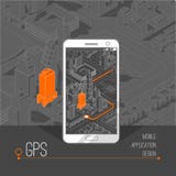 Κινητή έννοια ΠΣΤ και καταδίωξης Διαδρομή app θέσης στο smartphone οθονών επαφής, στο isometric χάρτη πόλεων απεικόνιση αποθεμάτων Κινητή έννοια ΠΣΤ και καταδίωξης Διαδρομή app θέσης στο smartphone οθονών επαφής, στο isometric χάρτη πόλεων απεικόνιση αποθεμάτων