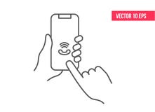 Κινητό εικονίδιο τηλεφωνικών γραμμών Smartphone ή κινητό τηλέφωνο που χτυπά στο χέρι ενός ανθρώπου εικονίδιο γραμμών Smartphone ε διανυσματική απεικόνιση Κινητό εικονίδιο τηλεφωνικών γραμμών Smartphone ή κινητό τηλέφωνο που χτυπά στο χέρι ενός ανθρώπου εικονίδιο γραμμών Smartphone ε διανυσματική απεικόνιση