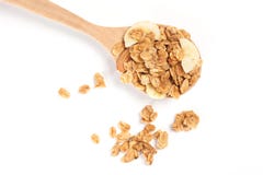 Κλείστε επάνω Granola στο ξύλινο κουτάλι που απομονώνεται στο άσπρο backgroun Στοκ φωτογραφία με δικαίωμα ελεύθερης χρήσης Κλείστε επάνω Granola στο ξύλινο κουτάλι που απομονώνεται στο άσπρο backgroun Στοκ φωτογραφία με δικαίωμα ελεύθερης χρήσης