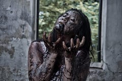 Κορίτσι Zombie στο συχνασμένο σπίτι στοκ εικόνες Κορίτσι Zombie στο συχνασμένο σπίτι στοκ εικόνες