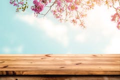 Κορυφή του ξύλινου πίνακα με το ρόδινο λουλούδι ανθών κερασιών στο υπόβαθρο ουρανού στοκ φωτογραφίες με δικαίωμα ελεύθερης χρήσης Κορυφή του ξύλινου πίνακα με το ρόδινο λουλούδι ανθών κερασιών στο υπόβαθρο ουρανού στοκ φωτογραφίες με δικαίωμα ελεύθερης χρήσης