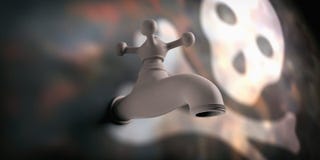 Κρουνός στο υπόβαθρο θαμπάδων με το κρανίο τρισδιάστατη απεικόνιση απεικόνιση αποθεμάτων Κρουνός στο υπόβαθρο θαμπάδων με το κρανίο τρισδιάστατη απεικόνιση απεικόνιση αποθεμάτων
