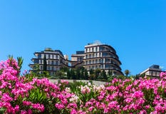Κτήριο ξενοδοχείων μεταξύ των λουλουδιών και πρασινάδα ενάντια στο μπλε ουρανό στοκ εικόνα Κτήριο ξενοδοχείων μεταξύ των λουλουδιών και πρασινάδα ενάντια στο μπλε ουρανό στοκ εικόνα