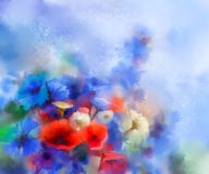 Κόκκινα λουλούδια παπαρουνών Watercolor, μπλε cornflower και άσπρη ζωγραφική μαργαριτών ελεύθερη απεικόνιση δικαιώματος Κόκκινα λουλούδια παπαρουνών Watercolor, μπλε cornflower και άσπρη ζωγραφική μαργαριτών ελεύθερη απεικόνιση δικαιώματος