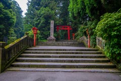 Κόκκινη πύλη της Tori στη λάρνακα Fushimi Inari, με τα λιθοστρωμένα σκαλοπάτια που βρίσκονται στο Κιότο, Ιαπωνία στοκ εικόνες Κόκκινη πύλη της Tori στη λάρνακα Fushimi Inari, με τα λιθοστρωμένα σκαλοπάτια που βρίσκονται στο Κιότο, Ιαπωνία στοκ εικόνες