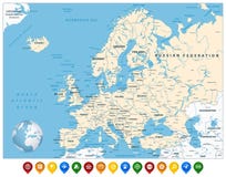 Λεπτομερής χάρτης της Ευρώπης και ζωηρόχρωμοι δείκτες χαρτών Στοκ φωτογραφία με δικαίωμα ελεύθερης χρήσης Λεπτομερής χάρτης της Ευρώπης και ζωηρόχρωμοι δείκτες χαρτών Στοκ φωτογραφία με δικαίωμα ελεύθερης χρήσης