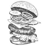 Μεγάλο burger, ρεαλιστικό σκίτσο απεικόνισης χάμπουργκερ συρμένο χέρι δι διανυσματική απεικόνιση Μεγάλο burger, ρεαλιστικό σκίτσο απεικόνισης χάμπουργκερ συρμένο χέρι δι διανυσματική απεικόνιση