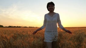 Μια νέα γυναίκα σε ένα άσπρο φόρεμα περπατά κατά μήκος ενός τομέα σίτου σε ένα υπόβαθρο ηλιοβασιλέματος απόθεμα βίντεο Μια νέα γυναίκα σε ένα άσπρο φόρεμα περπατά κατά μήκος ενός τομέα σίτου σε ένα υπόβαθρο ηλιοβασιλέματος απόθεμα βίντεο