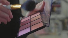 Μια παλέτα με τις σκιές ματιών και ένα makeup βουρτσίζουν: καλλυντικά γυναικών ` s απόθεμα βίντεο Μια παλέτα με τις σκιές ματιών και ένα makeup βουρτσίζουν: καλλυντικά γυναικών ` s απόθεμα βίντεο