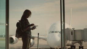 Μια σκιαγραφία μιας γυναίκας με την τροφή των εγγράφων διαθέσιμων, που αναμένει την προσγείωση στην πτήση της Στάσεις στο παράθυρ απόθεμα βίντεο Μια σκιαγραφία μιας γυναίκας με την τροφή των εγγράφων διαθέσιμων, που αναμένει την προσγείωση στην πτήση της Στάσεις στο παράθυρ απόθεμα βίντεο