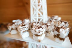 Μικρά φλυτζάνια του επιδορπίου tiramisu Έννοια τομέα εστιάσεως στοκ εικόνες με δικαίωμα ελεύθερης χρήσης Μικρά φλυτζάνια του επιδορπίου tiramisu Έννοια τομέα εστιάσεως στοκ εικόνες με δικαίωμα ελεύθερης χρήσης