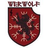 Μπάλωμα σχεδίου Εραλδική ασπίδα με ένα Werewolf, τιμόνι του δέου και του ρούνου Wolfsangel διανυσματική απεικόνιση Μπάλωμα σχεδίου Εραλδική ασπίδα με ένα Werewolf, τιμόνι του δέου και του ρούνου Wolfsangel διανυσματική απεικόνιση