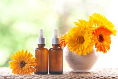 Μπουκάλια με το πετρέλαιο calendula λουλουδιών στη φύση backgraund, βιο, org στοκ εικόνα Μπουκάλια με το πετρέλαιο calendula λουλουδιών στη φύση backgraund, βιο, org στοκ εικόνα