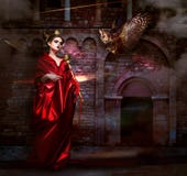 Μυστικισμός. Witchcraft. Μάγος στον κόκκινο μανδύα με το γύπα - γεράκι. Το αρχαίο τρομακτικό Castle στοκ εικόνα Μυστικισμός. Witchcraft. Μάγος στον κόκκινο μανδύα με το γύπα - γεράκι. Το αρχαίο τρομακτικό Castle στοκ εικόνα