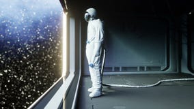 Μόνος αστροναύτης στο φουτουριστικό διαστημικό διάδρομο, δωμάτιο άποψη της γης cinematic 4k μήκος σε πόδηα Μόνος αστροναύτης στο φουτουριστικό διαστημικό διάδρομο, δωμάτιο άποψη της γης cinematic 4k μήκος σε πόδηα