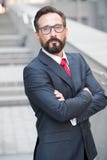 Μόνος επιχειρηματίας που στέκεται με τα όπλα του που διασχίζονται στοκ εικόνα με δικαίωμα ελεύθερης χρήσης Μόνος επιχειρηματίας που στέκεται με τα όπλα του που διασχίζονται στοκ εικόνα με δικαίωμα ελεύθερης χρήσης