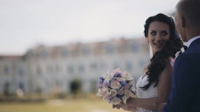 Νέα newlyweds που μένουν στη φύση και την ομιλία Όμορφο ζεύγος στη ημέρα γάμου, χρόνος εξόδων από κοινού φιλμ μικρού μήκους Νέα newlyweds που μένουν στη φύση και την ομιλία Όμορφο ζεύγος στη ημέρα γάμου, χρόνος εξόδων από κοινού φιλμ μικρού μήκους