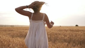 Νέα γυναίκα που τρέχει στον τομέα σίτου κρατώντας το καπέλο αχύρου της Ήλιος shunes στο σαφή ουρανό δέντρο πεδίων Σπάνια άποψη Νέα γυναίκα που τρέχει στον τομέα σίτου κρατώντας το καπέλο αχύρου της Ήλιος shunes στο σαφή ουρανό δέντρο πεδίων Σπάνια άποψη