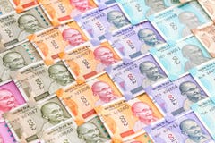 Νέα τραπεζογραμμάτια ρουπίων Ινδού 10, 50, 100, 200, 500 και 2000 Ζωηρόχρωμο υπόβαθρο σχεδίων χρημάτων μετρητών Νέα τραπεζογραμμάτια ρουπίων Ινδού 10, 50, 100, 200, 500 και 2000 Ζωηρόχρωμο υπόβαθρο σχεδίων χρημάτων μετρητών