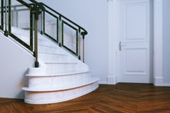 Νέο κλασικό εσωτερικό με την κλειστή πόρτα και τη μαρμάρινη σκάλα τρισδιάστατο ρ Στοκ Εικόνα Νέο κλασικό εσωτερικό με την κλειστή πόρτα και τη μαρμάρινη σκάλα τρισδιάστατο ρ Στοκ Εικόνα