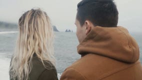 Νέος χρόνος εξόδων ζευγών αγάπης μαζί στη μαύρη παραλία στην Ισλανδία, κοντά στους troll βράχους toe, τη διάσημη θέα απόθεμα βίντεο Νέος χρόνος εξόδων ζευγών αγάπης μαζί στη μαύρη παραλία στην Ισλανδία, κοντά στους troll βράχους toe, τη διάσημη θέα απόθεμα βίντεο