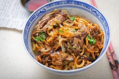 Νουντλς παπιών Hoisin Νουντλς αυγών με την αργή ψημένη πάπια λουρίδων στη σάλτσα hoisin με το δρύινο choi στοκ εικόνες Νουντλς παπιών Hoisin Νουντλς αυγών με την αργή ψημένη πάπια λουρίδων στη σάλτσα hoisin με το δρύινο choi στοκ εικόνες