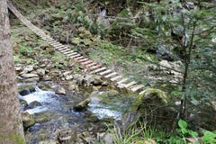 Ξύλινη γέφυρα αναστολής στα βουνά στοκ εικόνες με δικαίωμα ελεύθερης χρήσης Ξύλινη γέφυρα αναστολής στα βουνά στοκ εικόνες με δικαίωμα ελεύθερης χρήσης