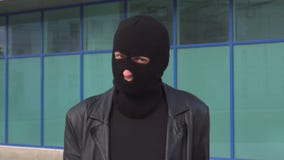 Ο εγκληματικός κλέφτης ή ο ληστής ατόμων στη μάσκα λέει όχι, με το τίναγμα του κεφαλιού του Πορτρέτο του ατόμου balaclava απόθεμα βίντεο Ο εγκληματικός κλέφτης ή ο ληστής ατόμων στη μάσκα λέει όχι, με το τίναγμα του κεφαλιού του Πορτρέτο του ατόμου balaclava απόθεμα βίντεο
