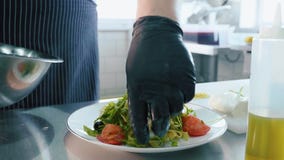 Ο επαγγελματικός αρχιμάγειρας βάζει τη σαλάτα στο πιάτο με το χέρι από το κύπελλο χάλυβα απόθεμα βίντεο Ο επαγγελματικός αρχιμάγειρας βάζει τη σαλάτα στο πιάτο με το χέρι από το κύπελλο χάλυβα απόθεμα βίντεο