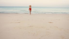 Ο ευτυχής ταξιδιώτης γυναικών στο κόκκινα μαγιό και το καπέλο έρχεται να τελειοποιήσει την παραλία φιλμ μικρού μήκους Ο ευτυχής ταξιδιώτης γυναικών στο κόκκινα μαγιό και το καπέλο έρχεται να τελειοποιήσει την παραλία φιλμ μικρού μήκους