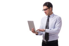 Ο νέος επιχειρηματίας με το lap-top που απομονώνεται στο άσπρο υπόβαθρο στοκ εικόνα με δικαίωμα ελεύθερης χρήσης Ο νέος επιχειρηματίας με το lap-top που απομονώνεται στο άσπρο υπόβαθρο στοκ εικόνα με δικαίωμα ελεύθερης χρήσης