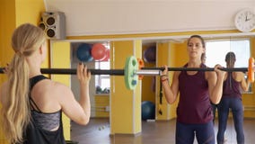 Οι κατάλληλες γυναίκες επιλύουν με Barbells σε μια γυμναστική φιλμ μικρού μήκους Οι κατάλληλες γυναίκες επιλύουν με Barbells σε μια γυμναστική φιλμ μικρού μήκους
