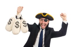 Οι τσάντες χρημάτων εκμετάλλευσης επιχειρηματιών πειρατών που απομονώνονται στο λευκό στοκ φωτογραφίες Οι τσάντες χρημάτων εκμετάλλευσης επιχειρηματιών πειρατών που απομονώνονται στο λευκό στοκ φωτογραφίες