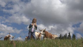 Παιδί της Farmer με τα βοοειδή στο λιβάδι, το κορίτσι τουριστών και τα ζώα αγελάδων στα βουνά στοκ φωτογραφία με δικαίωμα ελεύθερης χρήσης Παιδί της Farmer με τα βοοειδή στο λιβάδι, το κορίτσι τουριστών και τα ζώα αγελάδων στα βουνά στοκ φωτογραφία με δικαίωμα ελεύθερης χρήσης