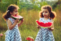 Παιδιά που τρώνε το καρπούζι στο πάρκο Τα παιδιά τρώνε τα φρούτα υπαίθρια Υγιές πρόχειρο φαγητό για τα παιδιά Μικρά δίδυμα που πα στοκ φωτογραφίες Παιδιά που τρώνε το καρπούζι στο πάρκο Τα παιδιά τρώνε τα φρούτα υπαίθρια Υγιές πρόχειρο φαγητό για τα παιδιά Μικρά δίδυμα που πα στοκ φωτογραφίες