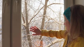 Παιχνίδια μωρών που κάθονται στο windowsill στο υπόβαθρο των χιονισμένων δέντρων φιλμ μικρού μήκους Παιχνίδια μωρών που κάθονται στο windowsill στο υπόβαθρο των χιονισμένων δέντρων φιλμ μικρού μήκους