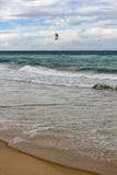 Παλίρροια που κυλά επάνω στην ακτή με τον ορίζοντα κάτω από τη σκιά και τον ικτίνο σύννεφων surfer έξω στο νερό - κατακόρυφος στοκ εικόνα Παλίρροια που κυλά επάνω στην ακτή με τον ορίζοντα κάτω από τη σκιά και τον ικτίνο σύννεφων surfer έξω στο νερό - κατακόρυφος στοκ εικόνα